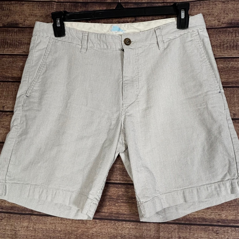 Tommy Bahama Mens 33 Tan White Striped Cotton Tencel Stretch Flat Front Shorts